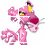 Pixelated pink panther with yellow eyes and red nose in three distinct poses against white background, each showing different arm positions and slight head angles.
