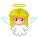 Pixelated angel icon with blonde hair, purple eyes, white wings, and yellow halo in four variations showing different wing positions.