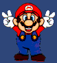 Pixelated Mario character in red cap and overalls with white gloves, shown across four with varying hand positions against blue backgrounds