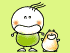 A cartoon character with a white rounded head, green shirt, and orange cheeks stands beside a smaller companion on a light green background.