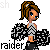 Pixel art cheerleader character in two animation frames with pom-poms and text "raider power" below.