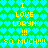 Green background with repeating cyan heart pattern, yellow text reading "I LOVE LORYN !!! SO MUCH!!!" in pixelated font across two mirrored sections.