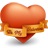 A pixelated heart-shaped icon with a golden ribbon, rendered in warm orange and red tones against a white background.