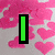 A pixelated image with a pink heart-patterned background, featuring green text and symbols that change across frames.