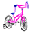 Pixelated pink bicycle with blue accents on handlebars and seat, gray wheels, white background.