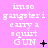 Pixelated pink background with white text reading 'imso gangsteri carry a squirt GUN' and varying black symbols at the bottom of each frame.