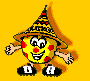 Yellow cartoon character with red spots wears a conical hat, black shoes, and displays multiple poses including standing, spinning, and side views.