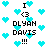 Pixelated icon with cyan hearts and repeated text "I <3 DLYAN DAVIS !!!" on white background, showing animation changes in text and heart positions.