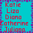 A static image displays a of names in red text on a cyan background with purple and blue pixelated borders