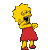 Pixelated cartoon character with yellow hair and red dress in multiple poses showing arm movements against gray background.