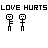 Pixel art animation of stick figures with text 'LOVE HURTS' and 'HUG!' showing sequential changes in poses, expressions, and blue highlights.