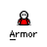 A 5x5 contact sheet of pixel art animated frames showing a skeletal character in various poses with red accents, labeled "Armor" beneath each frame on a gray background.