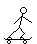 Pixelated stick figure on skateboard with two distinct poses, one standing and one crouching, in black-and-white animation.