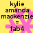 Yellow background with pink starburst shapes and black text reading 'kylie amanda mackenzie = fab4' repeated in two