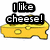 Animated cheese slice icon with text overlays changing between English and Spanish phrases about liking cheese.