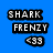 Pixelated text on a blue background: 'SHARK' in black rectangle, 'FRENZY' below it, and '<33' at bottom right.