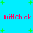 Pixelated text 'BrittChick' in red appears four times on a bright blue background with scattered green plus signs.