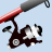 Pixelated fishing bobber icon with red and gray rod, dark brown body, white accents, and black eyes on light blue background.
