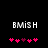 Pixelated text 'BMISH' above pink and purple heart symbols on a black background, with one animation frame showing different heart color distribution.