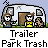 Animated contact sheet of 15 pixel art frames showing a trailer park scene with two characters and changing text bubbles, arranged in a 4x4 grid on gray background.