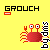 Pixel art icon featuring a red crab-like creature with large eyes and multiple legs on a bright yellow background, with the word "GROUCH" in bold black letters above it and a small red rectangle below.