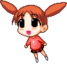 Pixel art character with orange hair in two ponytails, large black eyes, pink mouth, red long-sleeve shirt with white symbol, brown shorts, silver shoes, gray background.
