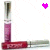 Two identical vertical lip gloss tubes with silver caps and pink liquid, positioned side-by-side on a white background; one tube has a purple heart above it while the other has a red heart.