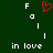 A static pixel art image with a dark green background, white text forming 'F o l l in love', and a red heart symbol above the text.