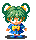 A 4x3 contact sheet of pixel art frames showing a chibi character with green hair, blue outfit, and yellow bow in various poses against gray background.