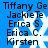 Blue background with white snowflake pattern and black text listing names: Tiffany Ge, JackieTe, Erica S., Erica C., Kirsten.
