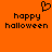 Pixelated orange background with black text 'happy halloween' and a heart symbol above the left instance of the phrase.