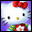 Hello Kitty character with red bow, white face, black eyes, yellow nose, green and red outfit on purple background; orange pixelated overlay obscures parts of the image.