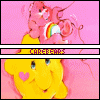 Yellow Care Bear with pink heart on cheek holds small pink bear holding rainbow, all against solid pink background.