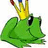 Green pixelated frog wearing a yellow crown with red and blue jewels, smiling against white background; text on cyan reads 'im so kewl it hard being me but i do it so well u wish u were me' and 'but being ur friend is enough xxxxxxxxxxxx'