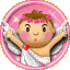 Two cartoon angel figures with pink circular borders, one male with brown hair and a white toga-like garment holding a heart, the other female with pigtails in red bows wearing a pink dress.