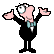 Pixelated cartoon character in black suit with light blue bow tie performs multiple gestures against gray background.