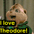 Pixelated cartoon characters with text overlays: a character saying "I love Theodore!" and others reacting with "Oh Yea!", "Rock on!", and "They're so Cute!"