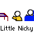 Pixel art animation of a character with white hair and yellow shirt interacting with blue tables, repeating 'Little Nicky' text below each frame.