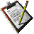 Pixelated diamond-shaped icon with black border, red and yellow accents, and a central gray and white pattern resembling a stylized document or map.