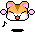 Pixel art hamster head with closed eyes, pink cheeks, and orange nose; four variations show changing mouth shapes and musical note positions.