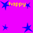 A static image with a bright purple background featuring blue star shapes and yellow "happy" text in multiple locations.