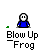 A 4x4 contact sheet of a pixel art animated icon showing sequential frames of a blue stick figure character interacting with a green frog and red object against a gray background, labeled "Blow Up Frog" in white text below each frame.
