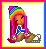 Pixel art icon of a cartoon character with rainbow hair wearing a blue and white outfit, seated in a colorful frame.