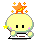 Pixelated character with yellow head, black eyes, pink cheeks, and green outline holding a wand with star tip on gray background.