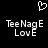 Pixelated white text and heart symbol on black background, with 'TeeNagE' above 'Love' in two side-by-side arrangements.