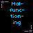 Pixelated blue text reading "Mal-functioning" on black background with pink and gray star-shaped icons, each surrounded by dotted lines.