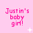 Pink background with repeated text 'Justin's baby girl!' in pink pixelated font, scattered white star and plus symbols.