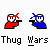 Two pixelated figures with bandanas and guns, one red, one blue, below text reading Thug and Wars.