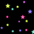 Animated star-themed icon with multiple colored stars on black and white backgrounds, transitioning between scattered small stars and larger outlined shapes.