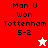 Red and white pixelated graphic with text 'Man U Won Tottenham 5-2' on two , featuring a white star in the red and a red star in the white